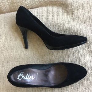 Black suede Butter brand platforms